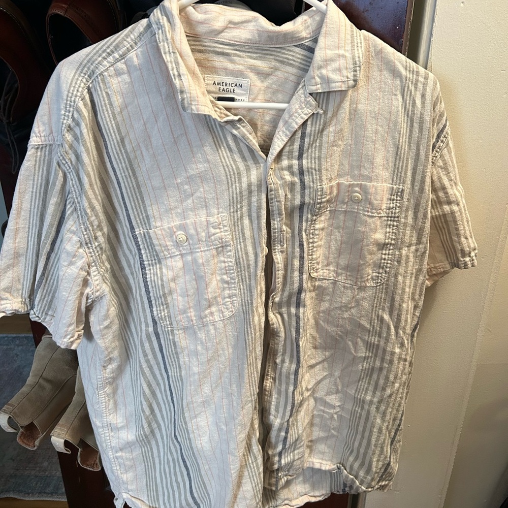 American Eagle Outfitters Men's Casual Striped Shirt - Cream and Blue